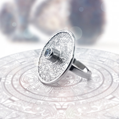 Unique Mayan Calendar Ring With Bohemian Garnet or zirkons OTRA