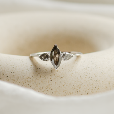 Unusual vintage engagement ring with salt and pepper diamonds RHEA