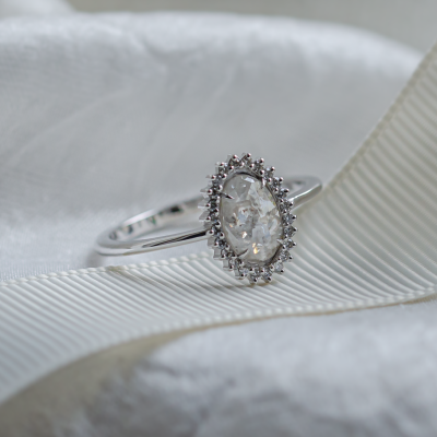 Unusual halo engagement ring with salt and pepper diamonds RIDLEY