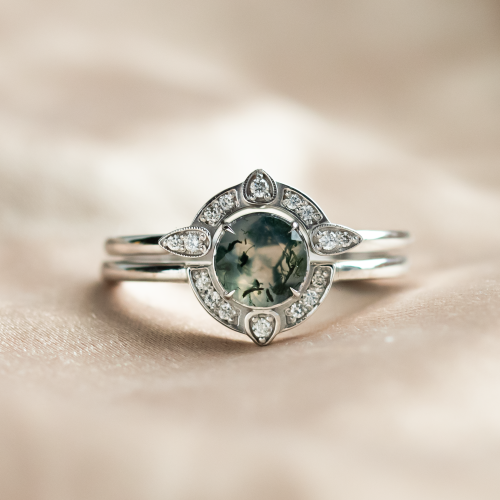 Moss agate and diamonds engagement ring set BRISTOL