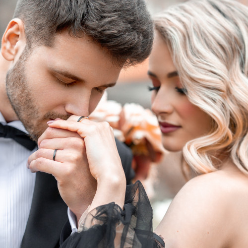 Black wedding bands in gold with hammered surface AZTEK