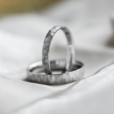 Unusual wedding bands with hammered surface BANG