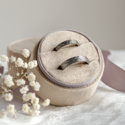 Black wedding rings with woodbark surface EBEN