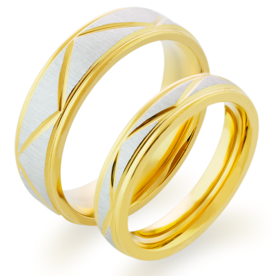 LUND combination gold marriage rings with geometrical lines on