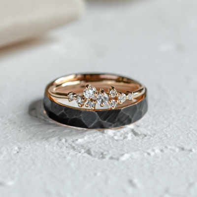 Unsusual wedding rings with black ruthenium and diamonds ROMA